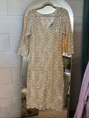 MARINA Beige Lace Long Sleeve Sheath Dress